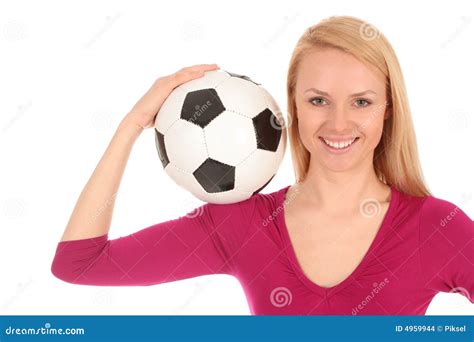 Esfera De Futebol Da Terra Arrendada Da Mulher Foto De Stock Imagem