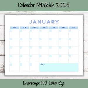 Calendar Printable 2024 12 Month Landscape 11 X 8.5 Inch Instant ...