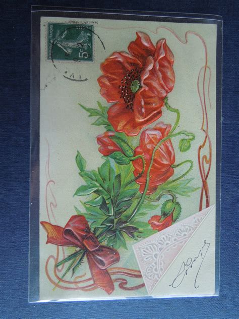 Carte Postale Ancienne Gaufrée Bonheur Fleurs Coquelicots Etsy