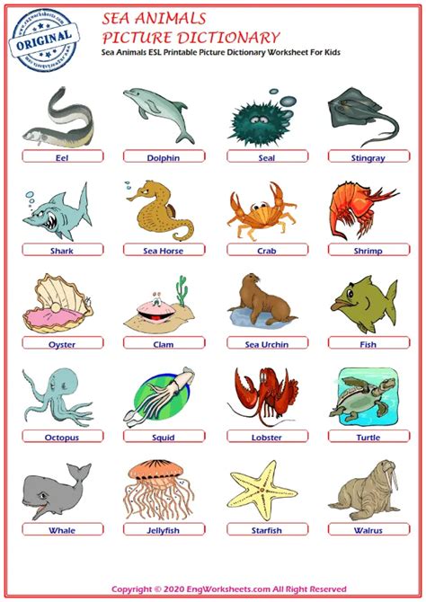 Sea Animals Printable English ESL Vocabulary Worksheets - EngWorksheets