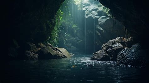 Premium AI Image | Serene Water Hole In Mysterious Jungle Cave