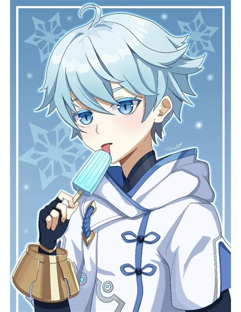 An Anime Character With White Hair And Blue Eyes Holding A Toothbrush In His Mouth