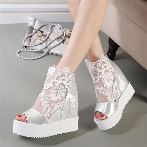 Newest White Silver Sexy Lace Platform Wedge Heels Dress Shoes Wedding Shoes Peep Toe Women