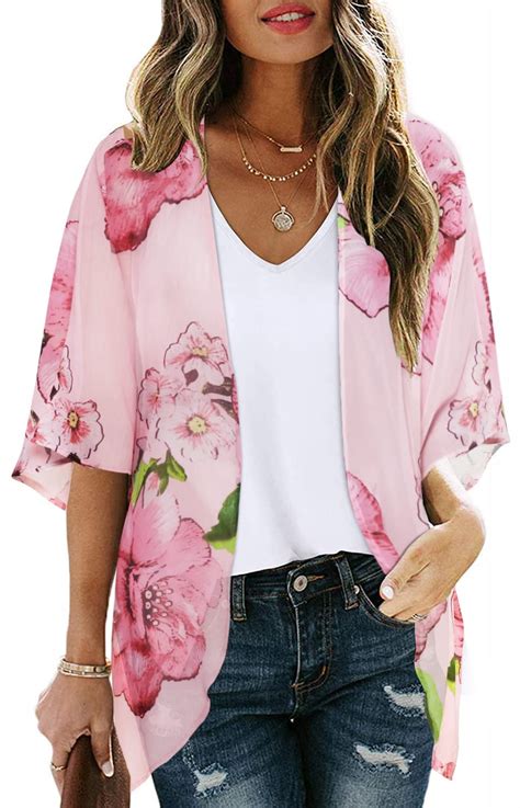 Women S Floral Print Puff Sleeve Kimono Cardigan Loose Cover Up Casual