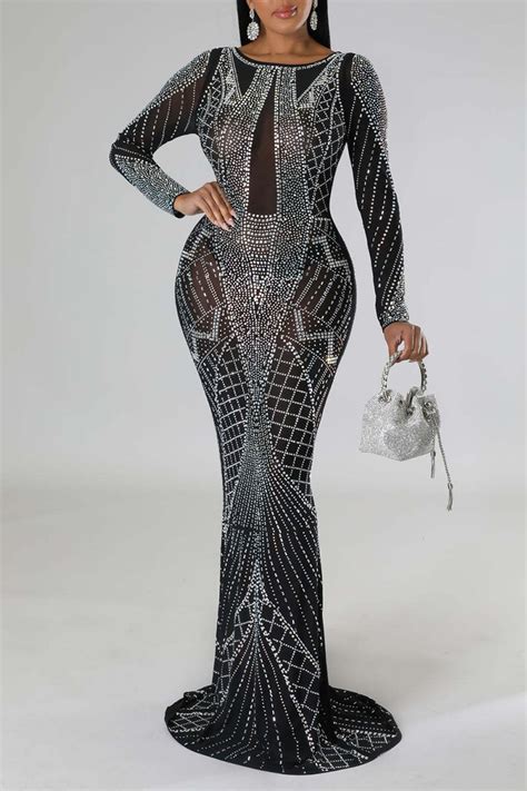 Wholesale Black Sexy Solid Patchwork See Through Hot Drill O Neck Evening Dress Dresses K