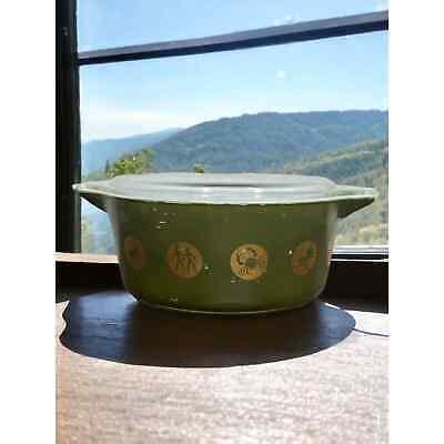 Rare S Pyrex Zodiac Casserole Green Gold Starburst Lid Qt Mcm