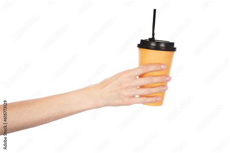 Paper Cup Of Hot Coffee With White Background Female Hand Stock Photo Adobe Stock