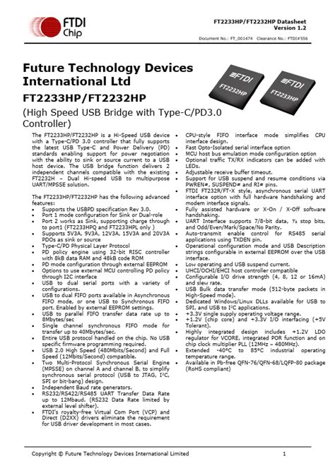 Ft2232hp Datasheet Ftdi