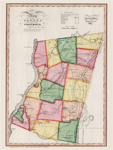 Columbia County Hudson Berkshire Railroad Old Map Burr Atlas New