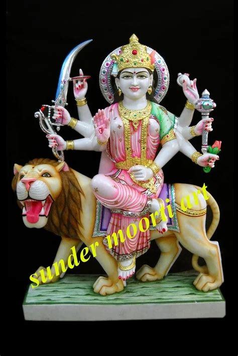 Multicolor Painted White Marble Durga Mata Moorti For Worship Size