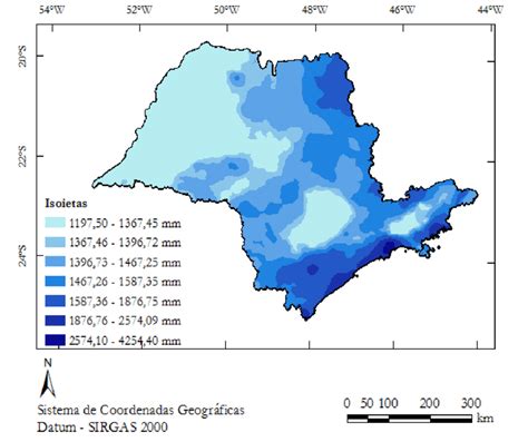 Distribuição espacial para precipitação pluvial média anual no Estado