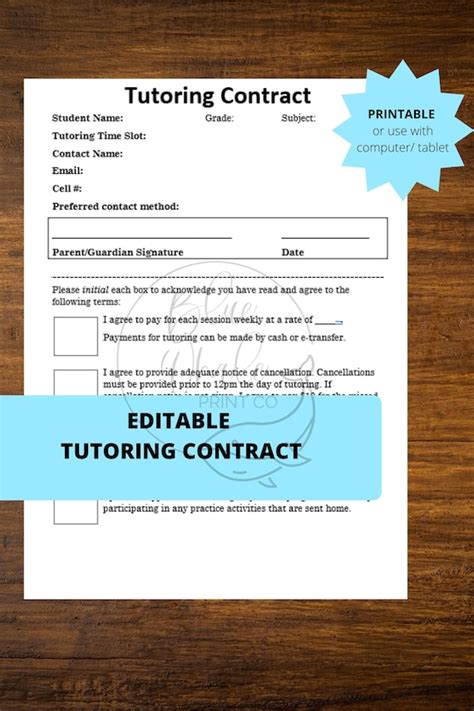 Editable Tutor Contract Private Tutoring Contract Template Etsy