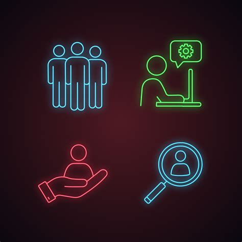 Business Management Neon Light Icons Set Team Technical Support