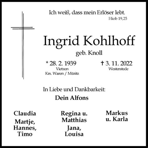 Traueranzeigen Von Ingrid Kohlhoff Nordwest Trauer De