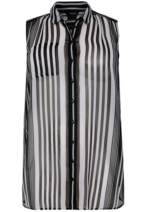 Black And White Striped Sleeveless Sheer Shirt With Side Slits Plus Size