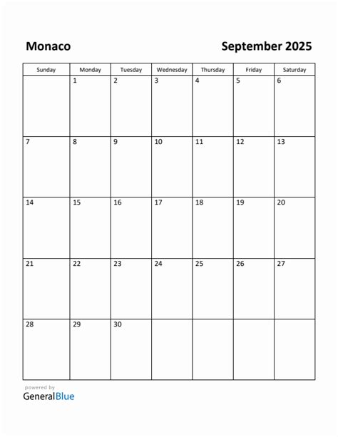 Free Printable September 2025 Calendar for Monaco