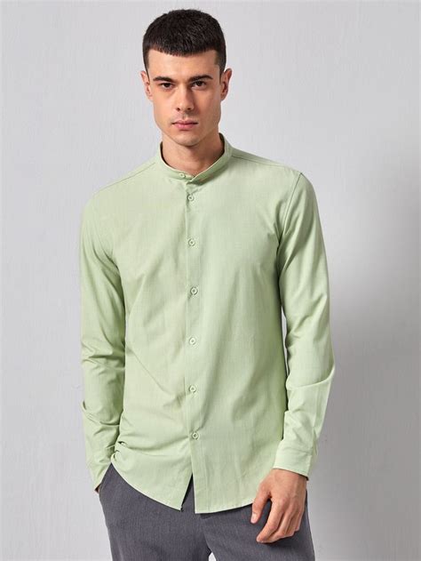 SHEIN BASICS Men Solid Button Front Shirt Green Shirt Outfits Shirts