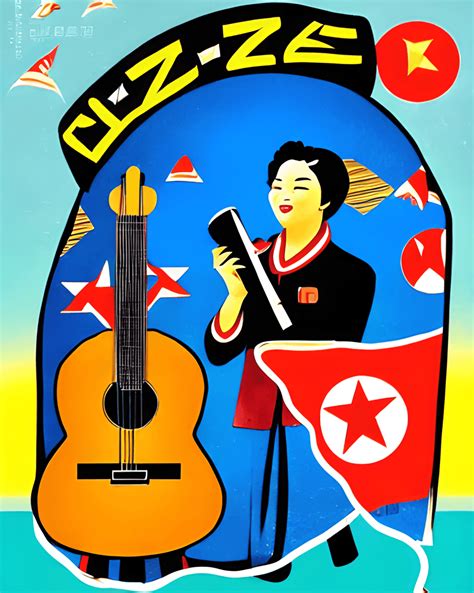 Poster Da Viaggio Retrò Anni 80 Della Corea Del Nord Con Chitarra Di Propaganda Della Guerra