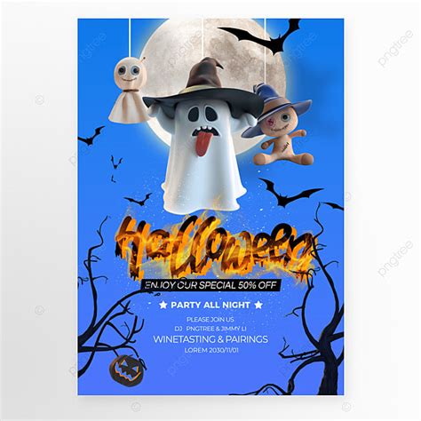 Ghost Monster Moon Bat Branch Cartoon Cute Three Dimensional Halloween Festival Party Poster