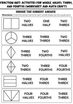 Fraction Poster, Worksheets for Whole, Halves, Thirds, and Fourths | Math Craft