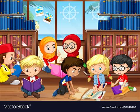 Children reading books in library Royalty Free Vector Image