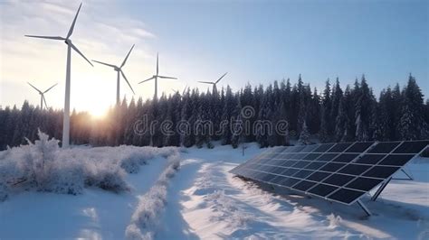 Solar Panel And Wind Farms In A Snowy Forest Stock Illustration