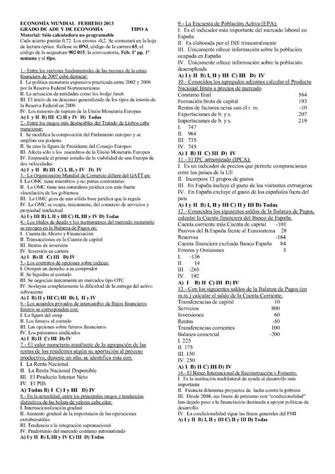 Examen Febrero 2013 Preguntas ECONOMIA MUNDIAL FEBRERO 2013 GRADO DE