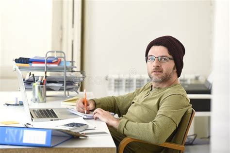 Happy Attractive Hipster Businessman Working With Computer Laptop At