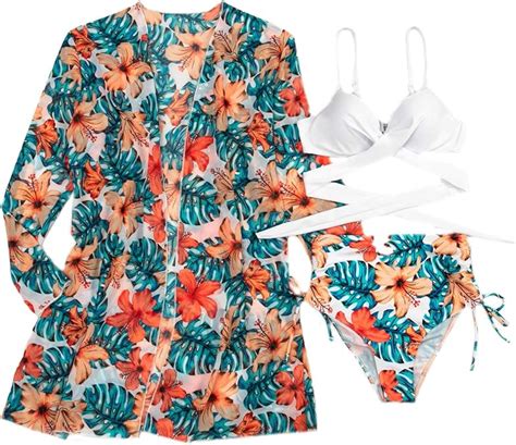 Soly Hux Womens Tropical Print Swimwear Bikini Set With Kimono 3 Piece