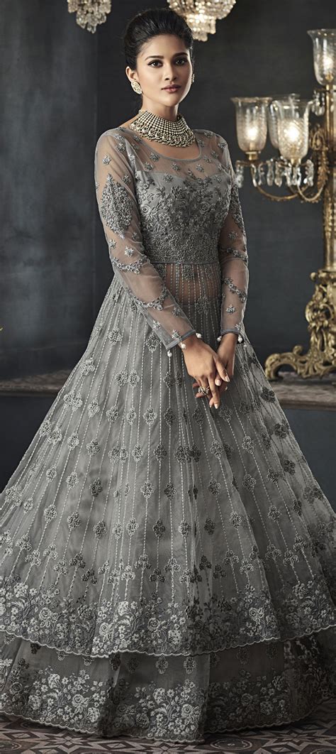 Mehendi Sangeet Party Wear Reception Black And Grey Color Net Fabric