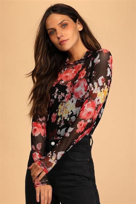 Black Floral Print Top Long Sleeve Bodysuit Mock Neck Top Lulus