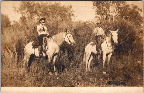 Two Riders On Horseback Old Tools Ranch Hands Prospectors Rppc