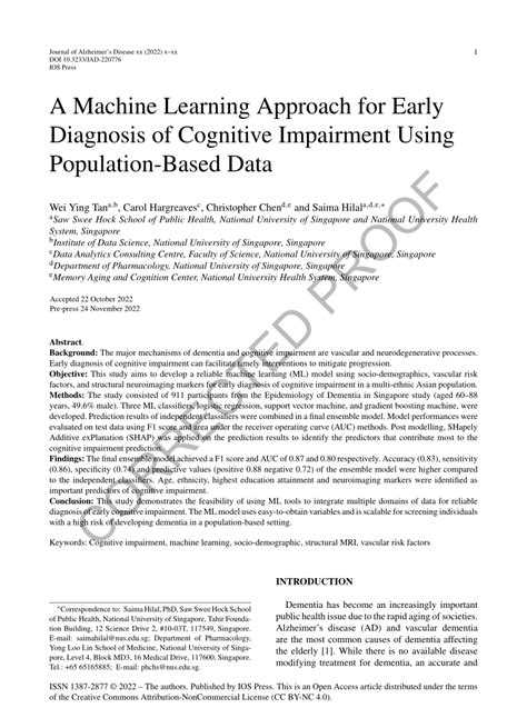 PDF A Machine Learning Approach For Early Diagnosis Of Cognitive