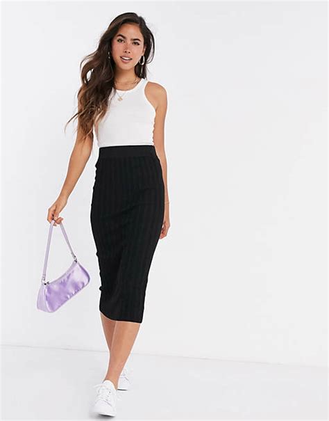 Asos Design Ribbed Midi Skirt In Black Asos