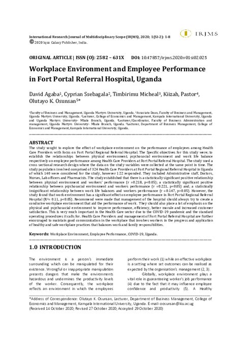 Pdf Workplace Environment And Employee Performance In Fort Portal