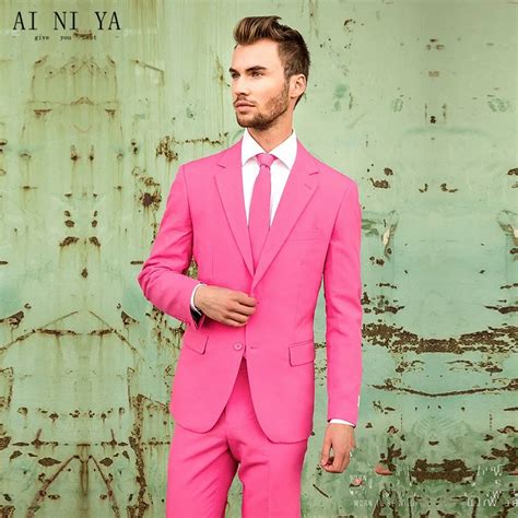 2017 Hot Pink Mens Suits Groomsmen Slim Fit Groom Tuxedos Formal Prom