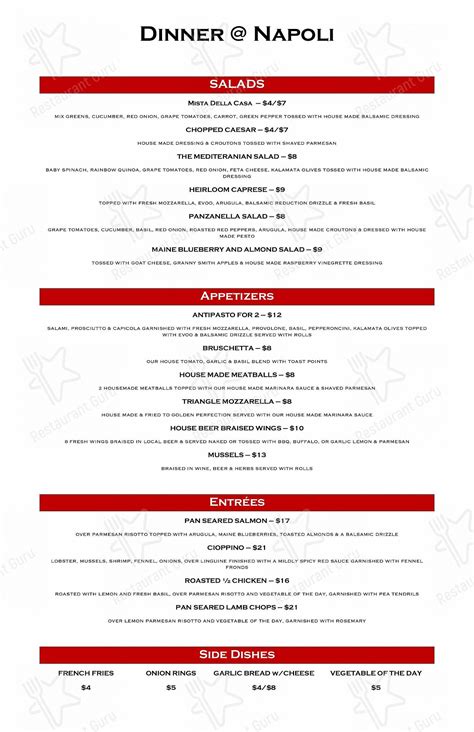 Menu at The Napoli’s - Italian Kitchen & Bar, Ogunquit, 667 Main St