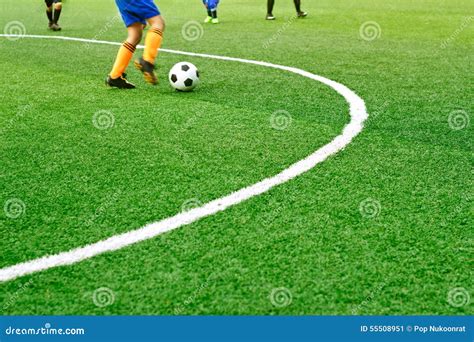 Green Soccer Field Grass With White Mark Line And The Boys Play