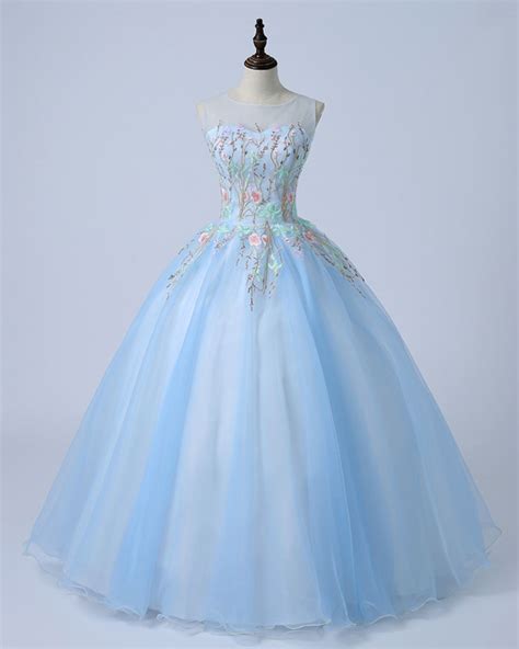 Ice Blue Tulle Embroidery Long Custom Made Evening Dress Formal Dress