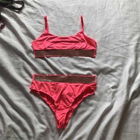Edgy little pieces pink diamanté bikini bottoms are Depop