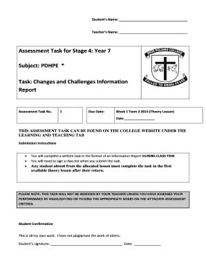 Fillable Online Students Name Teachers Name Assessment Task For Stage