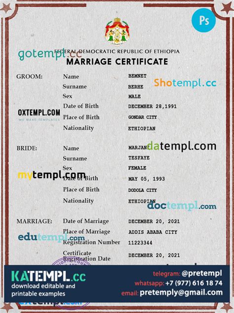 Generate Ethiopia Marriage Certificate Psd Fully Editable