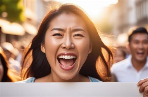 Garota feliz gritando cartaz em branco ativista asiática