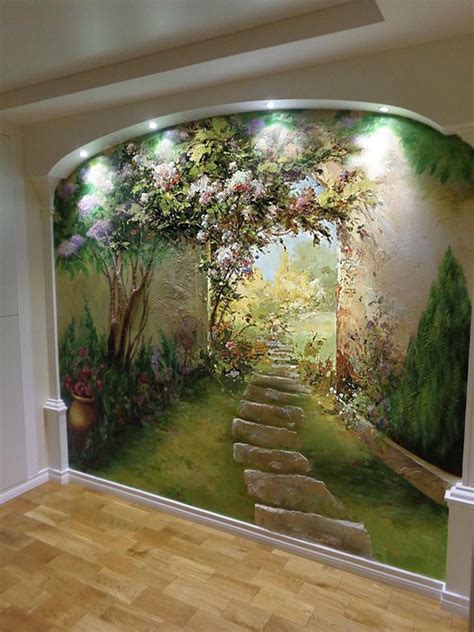 A Painting On The Wall Of A Room With Steps Leading To A Garden And Flowers