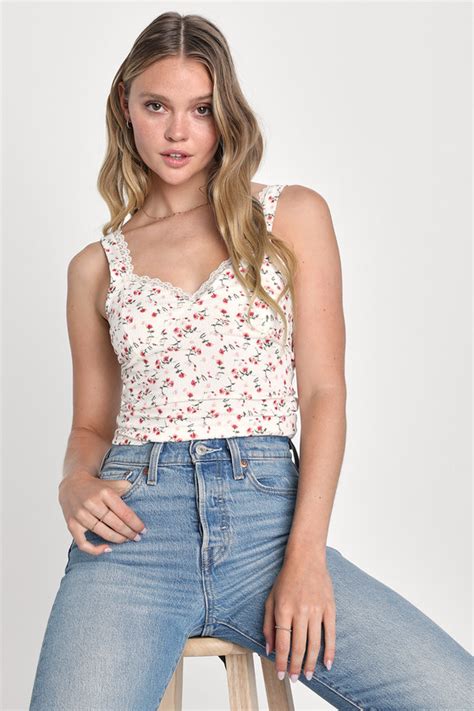 White Floral Print Tank Top Lace Tank Top Ribbed Tank Top Lulus