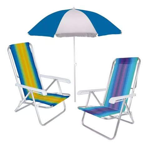 Kit Praia Cadeira Reclin Vel Pos Alum Guarda Sol M