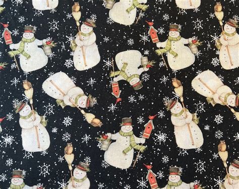 Susan Winget Tossed Snowmen With Brooms Birds Snow Christmas Cotton