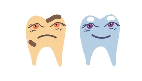 Ilustración Vectorial Un Conjunto Con Un Diente Sano Y Alegre Y Un Enfermo Triste Con Caries