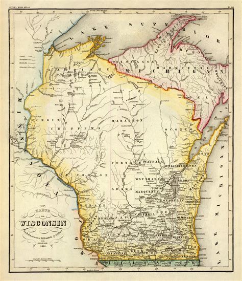 Wisconsin map - Old map of Wisconsin fine print , antique restored map ...