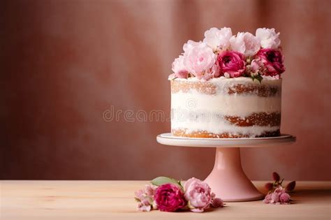 Naked Cake With Pink Flowers Rustic Style Cake With Copy Space Stock
